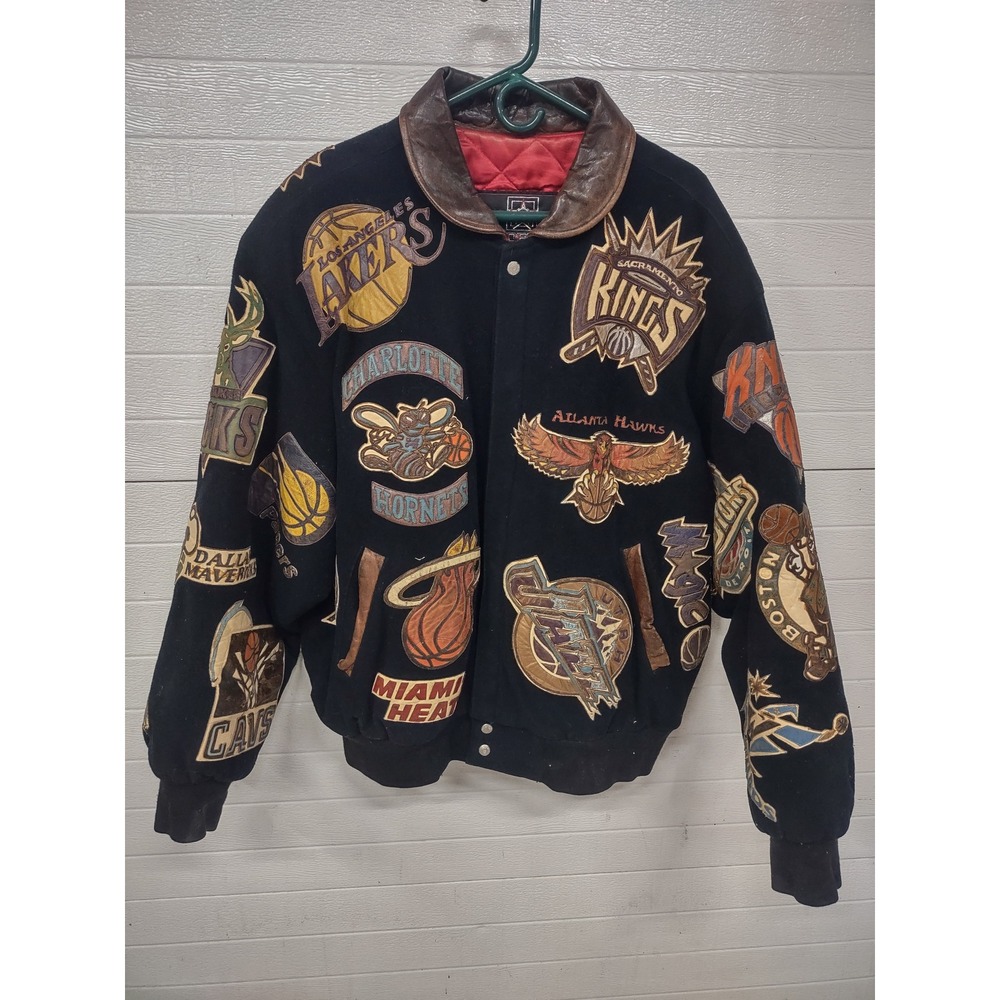 JH Design NBA All Team Leather Patch Wool Varsity Jacket Black Mens XL USA Made